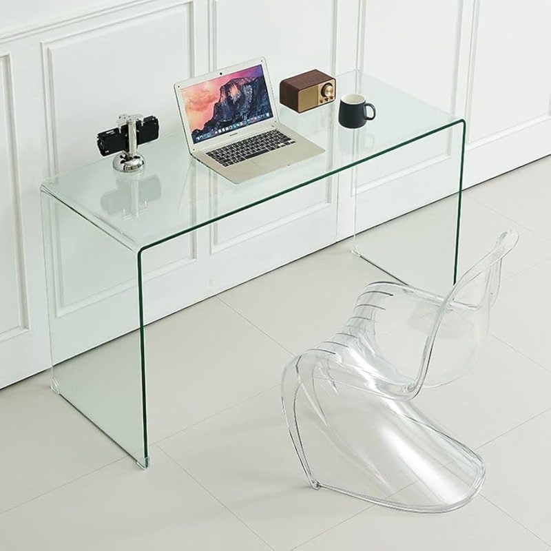 Writing Desk White Sled Legs Tempered Glass Top Minimalist Office