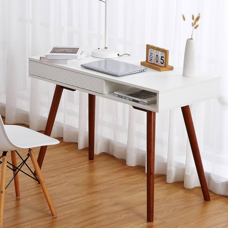 Writing Desk White Splayed Legs Asymmetric Storage Cubby