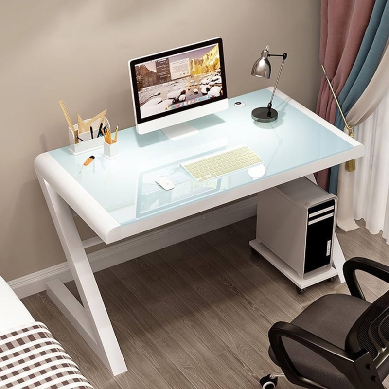 Writing Desk White Tempered Glass Z-Shaped Legs Minimalist Home Office
