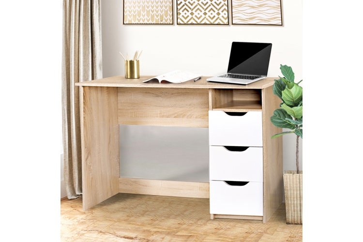 Writing Desk White Top Wood Toned Legs Three Drawers Scandi Style