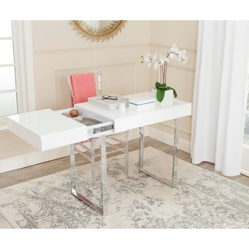 Writing Desk White Trestle Desk Chrome X Legs Two Drawers Polished