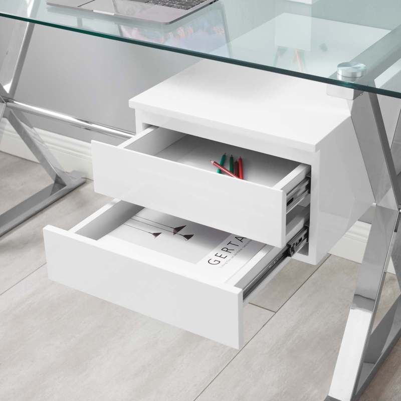 Writing Desk White Trestle Legs Polished Edges Glass Top Airy