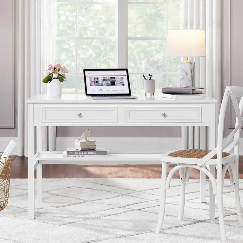 Writing Desk White with Gold Hardware and Tapered Legs