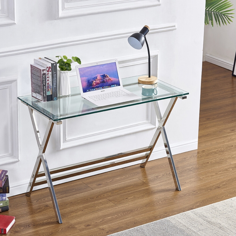 Writing Desk White X-Frame Base Tempered Glass Top Minimalist Design