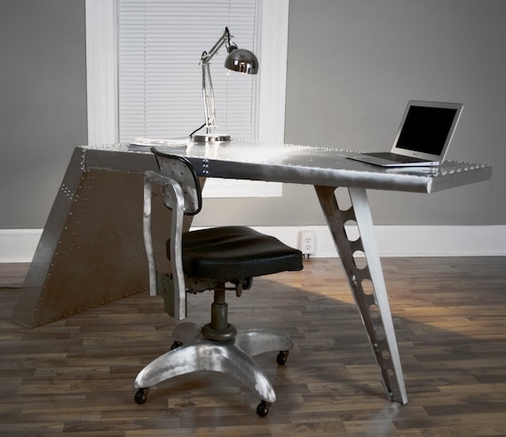 Writing Desk with Airfoil Shape, Riveted Metal Panels, and Tapered Leg