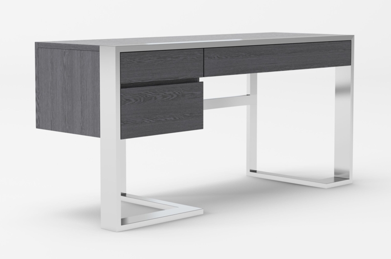 Writing Desk with Architectural Stainless Steel Legs, Wood Toned Top.