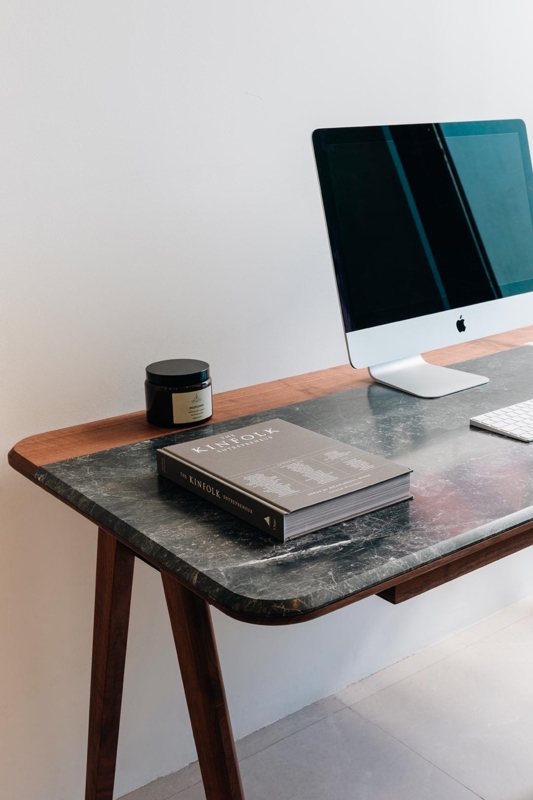 Writing Desk with Asymmetrical Base and Pedestal, Minimalist Marble Desk
