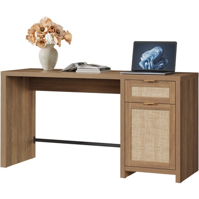 Writing Desk with Boho Rattan Drawers and Gold Hardware