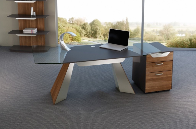 Writing Desk with Bow-Front Top and Angled Leg Design, Walnut Finish