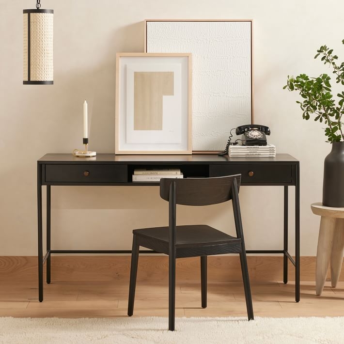 Writing Desk with Bronzed Iron Frame and Slim Profile, Wood Top.
