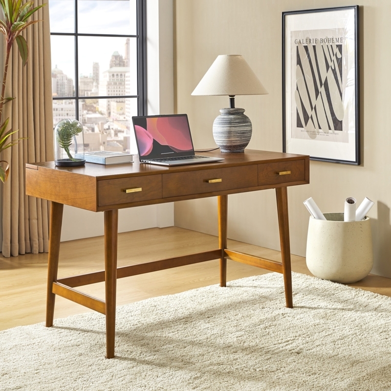 Writing Desk with Built-In USB Acorn Finish Modern Desk