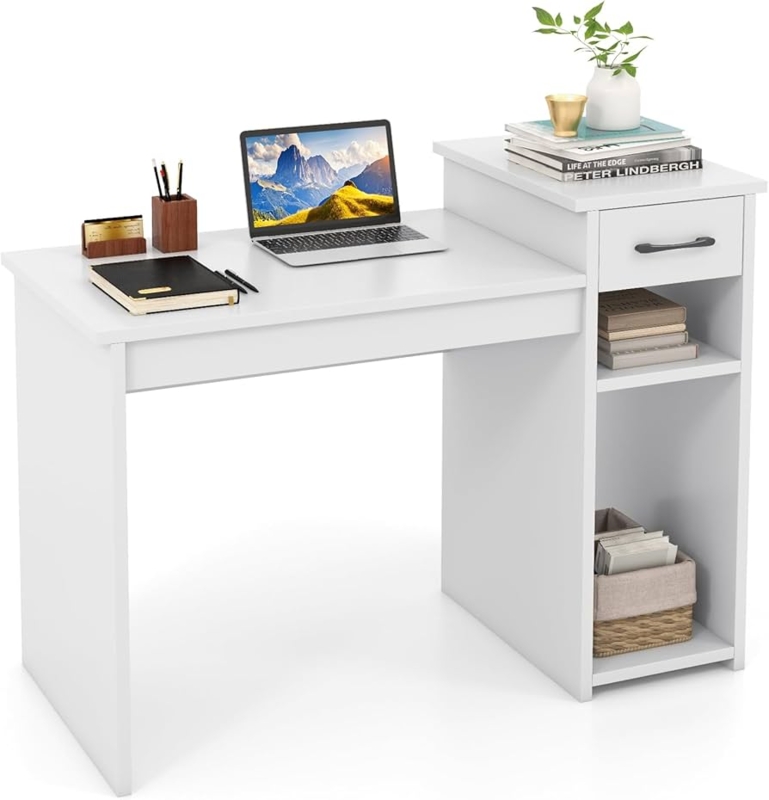 Writing Desk with Central Open Shelf, White and Gold Finish