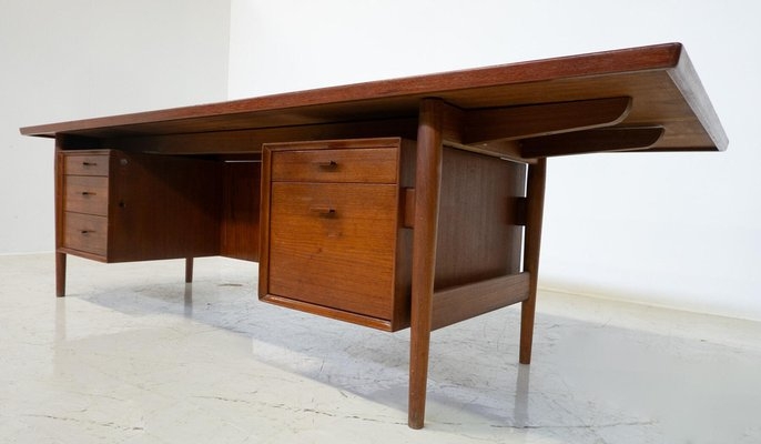 Writing Desk with Floating Desktop Double Pedestal Six Drawers Wood