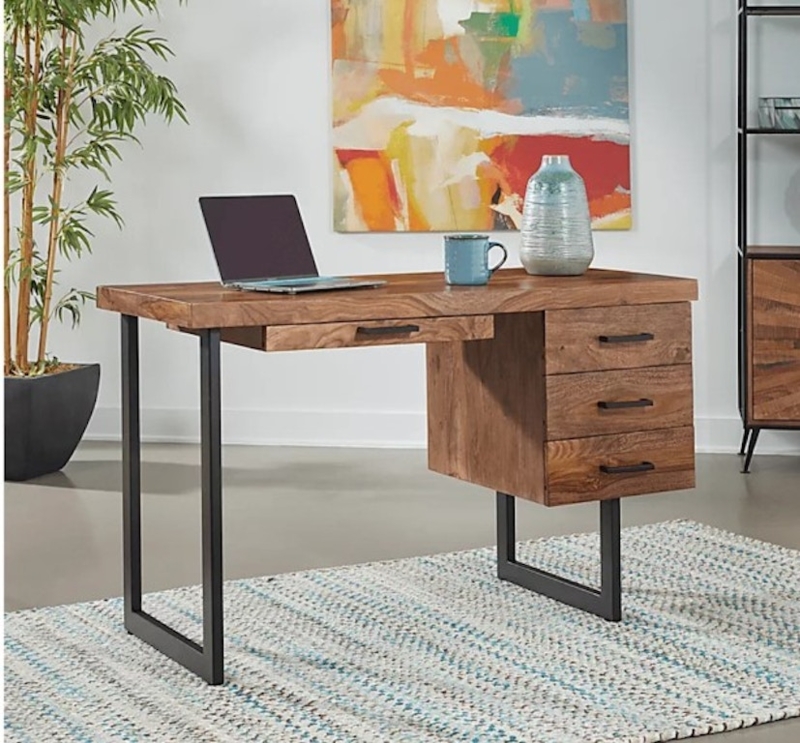 Writing Desk with Four Drawers and Raised Gallery Edge in Amber Brown