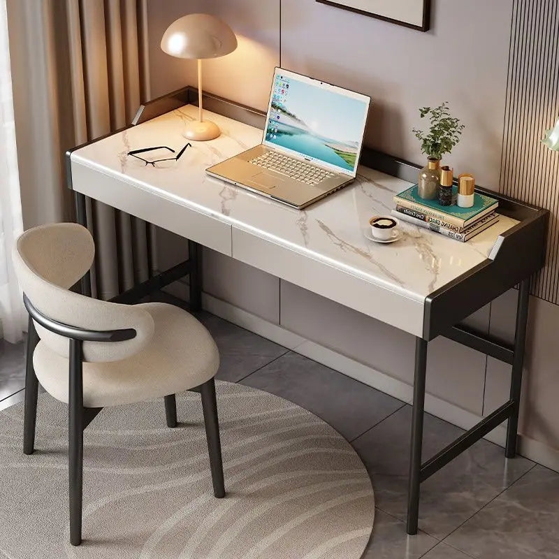 Writing Desk with Geometric Legs, Rounded Corners, White and Gold Desk