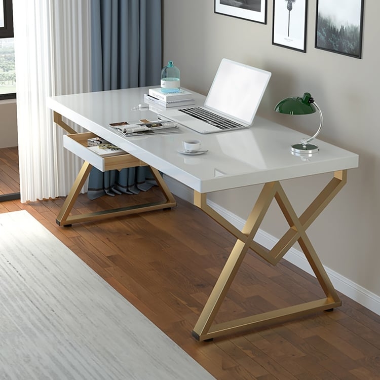 Writing Desk with Gold Metal Base, White Lacquer Top, Single Drawer