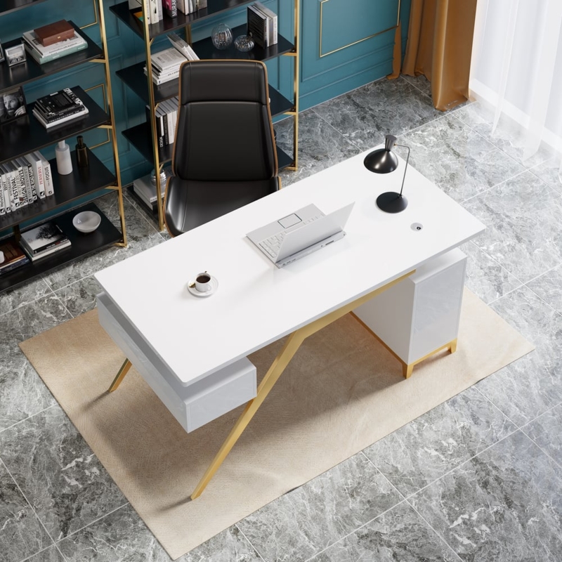 Writing Desk with Gold Trestle Base and Built-In Top Organizer