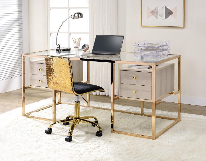 Writing Desk with Gold Trestle Base & Transparent Glass Top