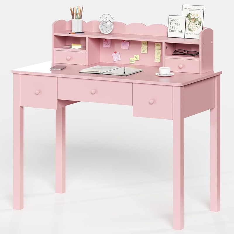 Writing Desk with Hutch, Five Drawers & Tapered Legs, Scandinavian Pink.