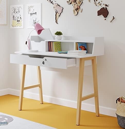 Writing Desk with Hutch, Locking Drawer & Gold Hardware, Modern Design.