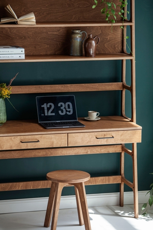 Writing Desk with Integrated Bookcase Warm Wood Toned Side Drawers