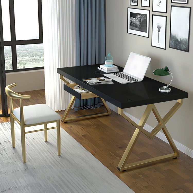 Writing Desk with Integrated Drawer, Modern Sled Base, Black Metal.