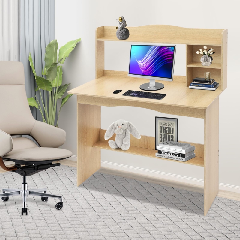 Writing Desk with Integrated Hutch, Natural Oak Finish, Scandinavian Style.