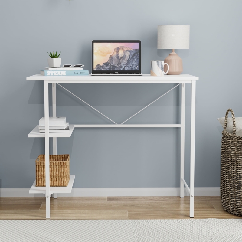 Writing Desk with Integrated Side Shelving, Compact White Design