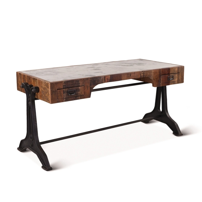 Writing Desk with Marble Top, Trestle Iron Base, and Slim Drawers.