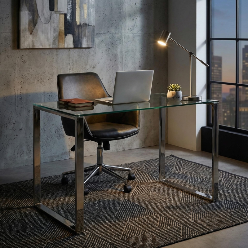 Writing Desk with Minimalist Polished Chrome X-Frame and Glass Top