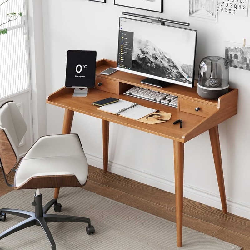 Writing Desk with Monitor Riser Acorn Finish Storage Drawers Cubby