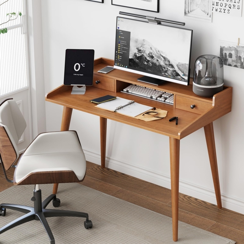 Writing Desk with Monitor Riser Mid Century Modern Wood Cubby