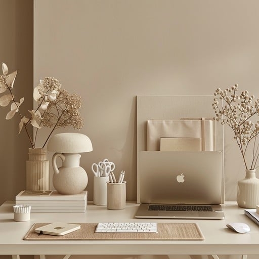 Writing Desk with Monochromatic Beige Aesthetic and Light Wood Grain