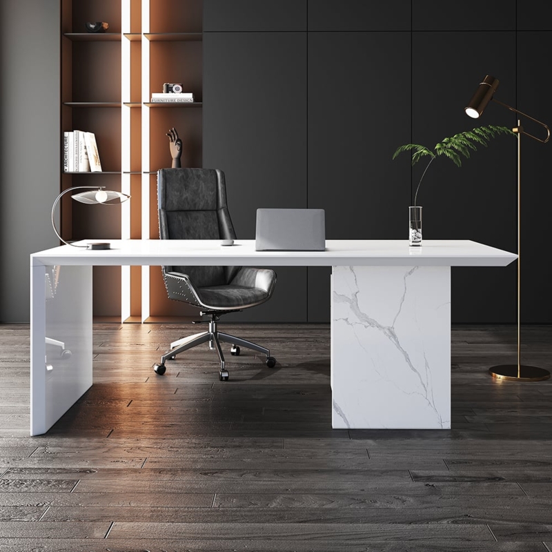 Writing Desk with Movable Cabinet and Gold Base, Modern White Marble Desk