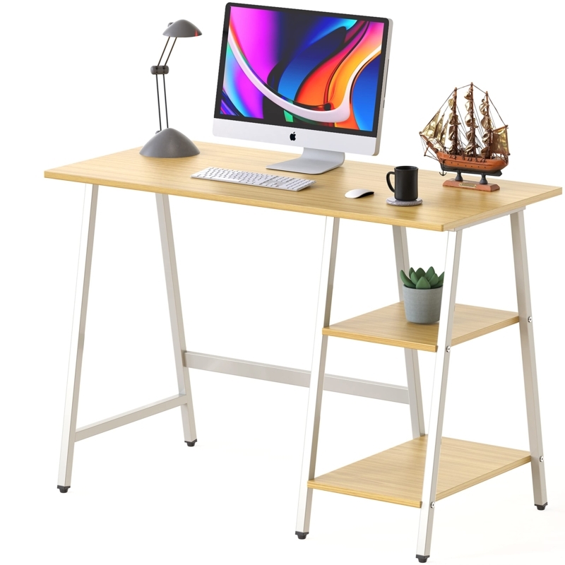 Writing Desk with Open Shelves in Light Oak Trestle Design