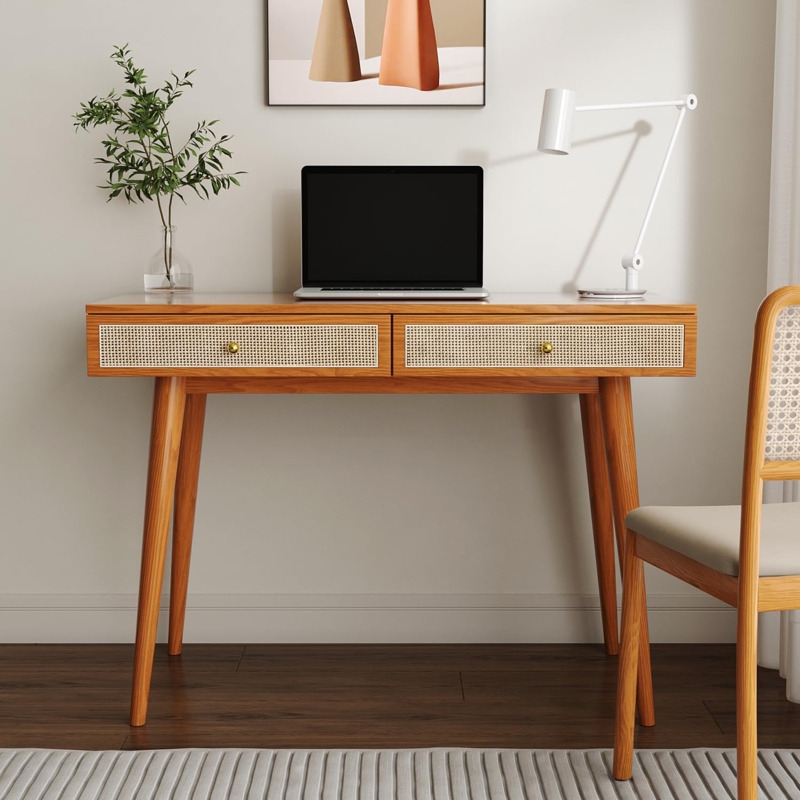 Writing Desk with Rattan Drawer Fronts Tapered Legs Boho Home Office