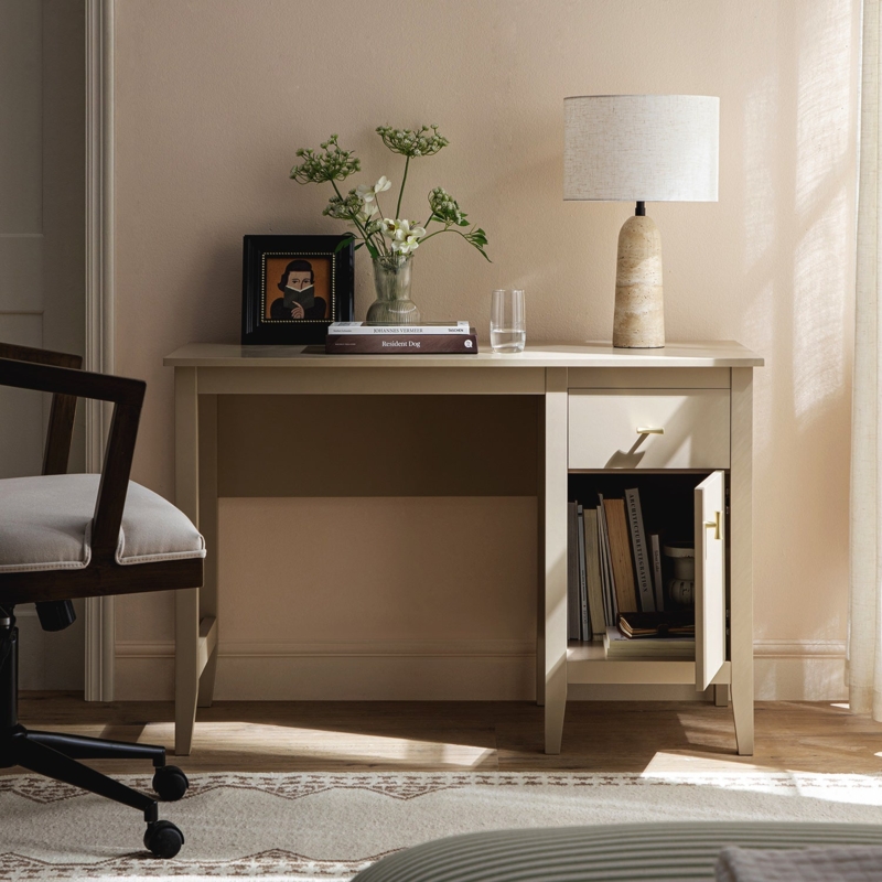 Writing Desk with Ribbed Drawer Fronts, Greige Finish, and Tapered Legs