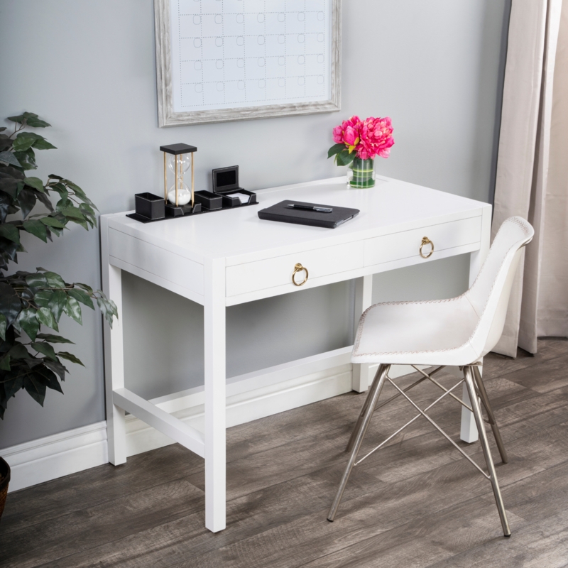 Writing Desk with Ring Pulls and Cross Bracing in White Finish