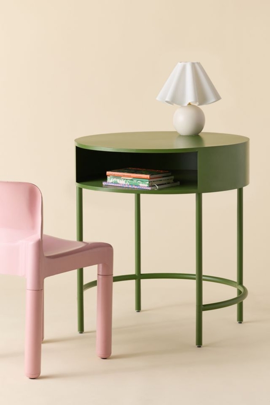 Writing Desk with Round Top, Pedestal Base, and Integrated Drawer.