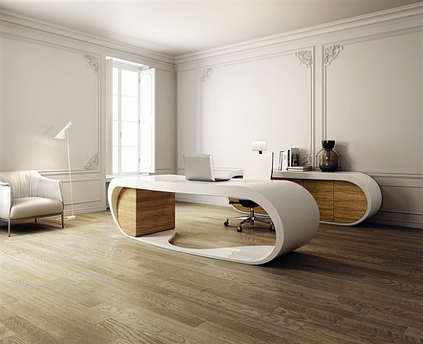 Writing Desk with Sculptural Curved Silhouette, High-Gloss White Finish