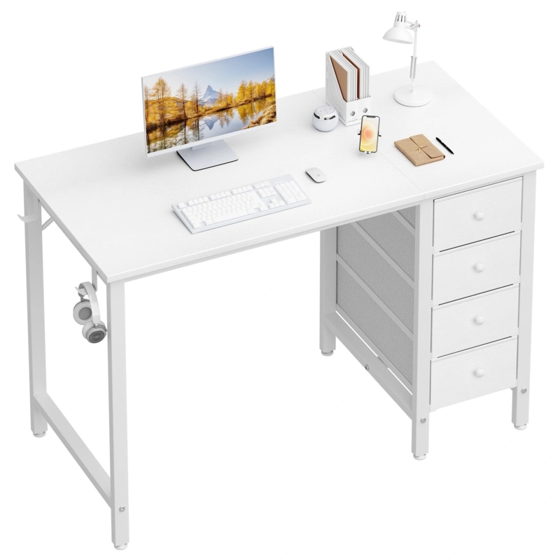 Writing Desk with Side Pocket, Gold Frame & Fabric Drawers