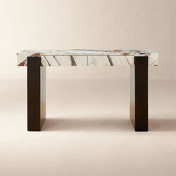 Writing Desk with Slab Legs, Two Drawers, Minimalist Marble Writing Desk