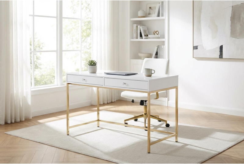 Writing Desk with Slim Profile and Polished Gold Trestle Legs