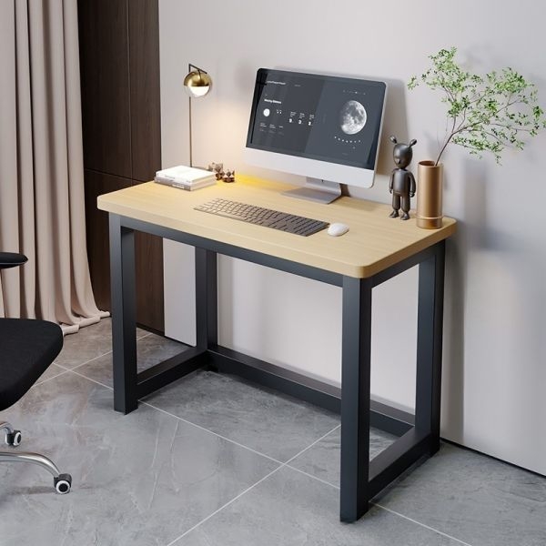 Writing Desk with Slim Profile, Natural Wood Top and White H-Shape Base