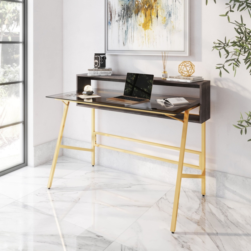 Writing Desk with Tempered Glass Top, Raised Shelf, and Gold X-Frame