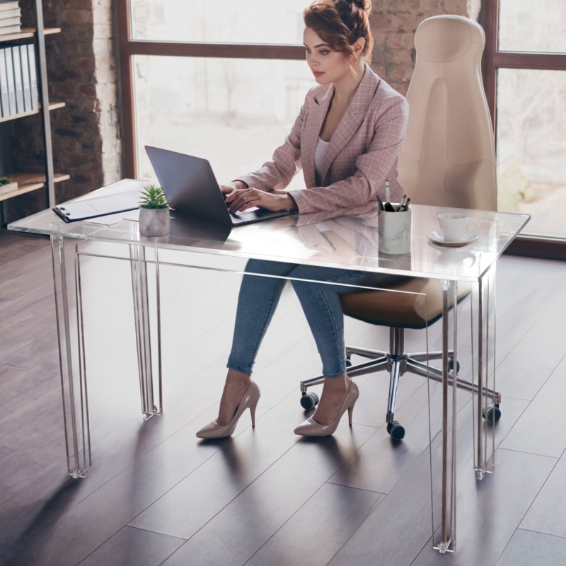 Writing Desk with Thick Acrylic Panel Legs and Seamless Look
