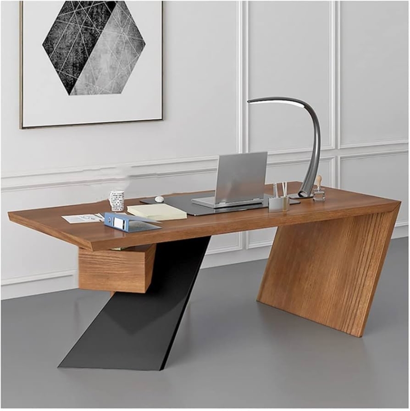 Writing Desk with Thick Wood Top and Black Metal Sled Legs
