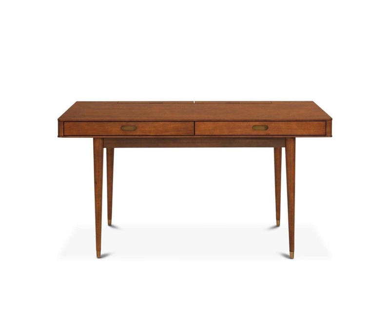 Writing Desk with Two Drawers and Cutout Handles in Wood-Toned Finish.