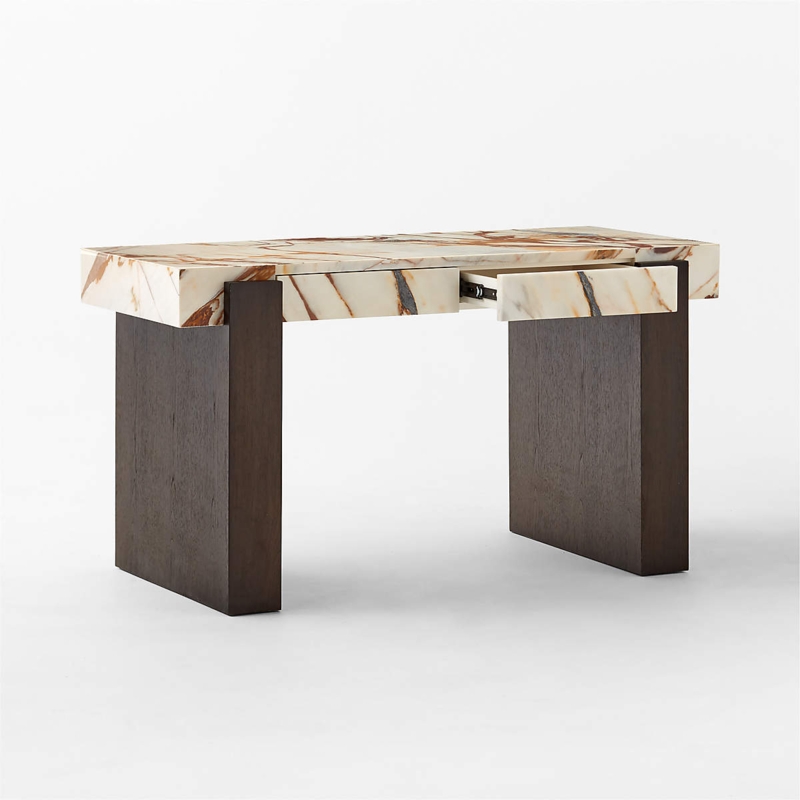 Writing Desk with Two Drawers and Walnut-Toned Frame, Modern Marble Top
