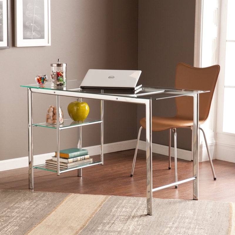 Writing Desk with V-Shaped Supports, Chrome Finish, and Glass Top